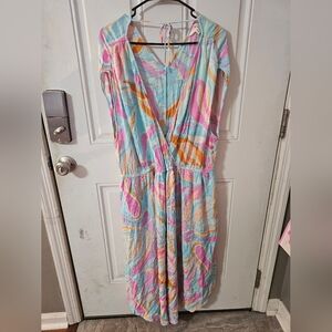Pink and Blue Flutter Sleeve V-Neck Sundress